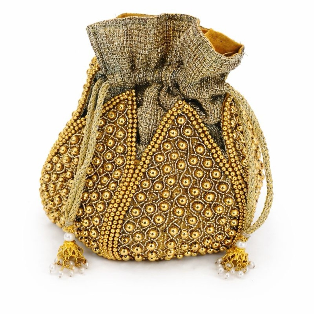 RAMLA Gold Beaded Drawstring Evening Bag Pearl Handle‎ Clutch Purse
